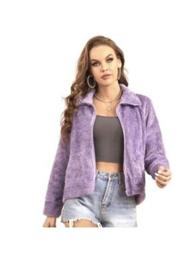 Furry Teddy Jacket Full Zip Up Long Sleeves Collar Pockets Fuzzy Purple Small